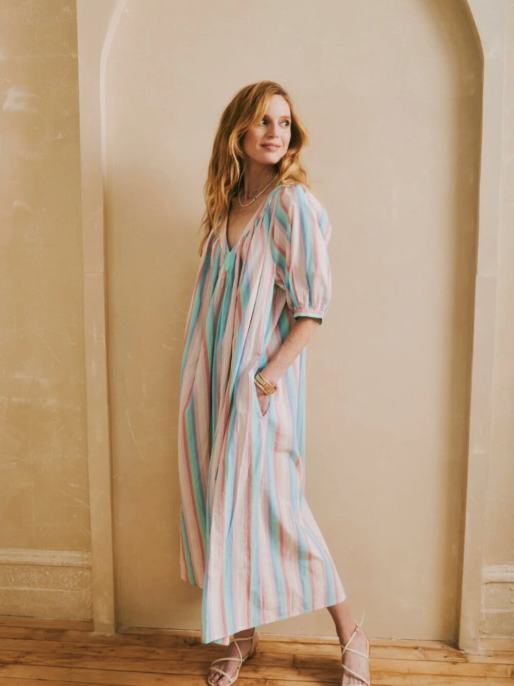 Pastel Multi-Stripe V-Neck Midi Dress - Women's Relaxed Short Sleeve Dress